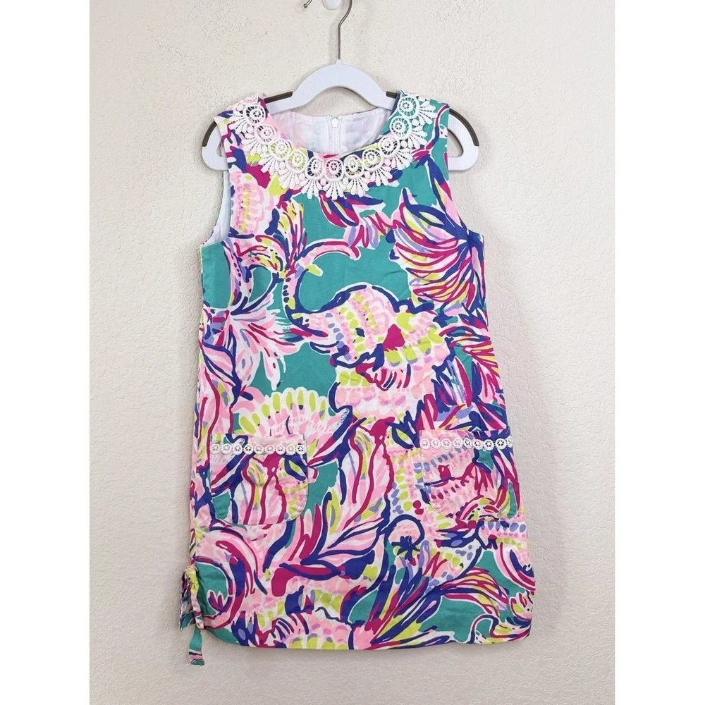 Lilly Pulitzer Girls Dress Size 8 Tropical Floral Shift Dress Lace Trim Pockets‎